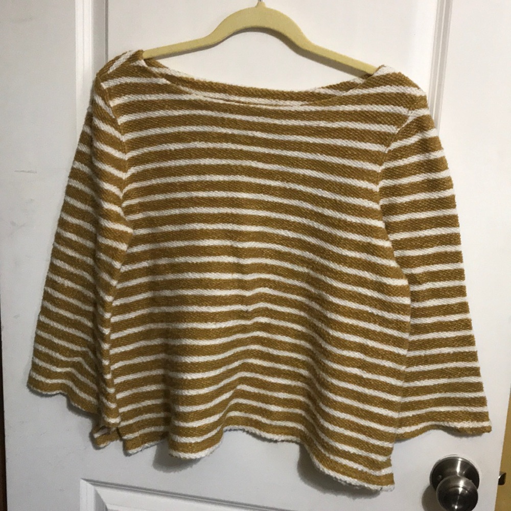 Mustard and white striped shirt.